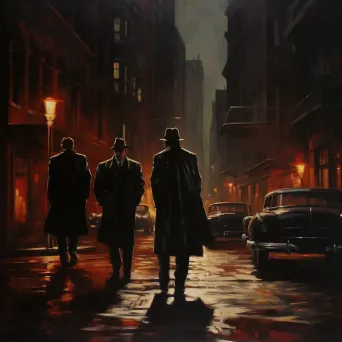 Atmospheric noir streetscape oil painting with silhouettes of iconic detectives and villains - Image 2