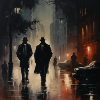 Atmospheric noir streetscape oil painting with silhouettes of iconic detectives and villains - Image 3