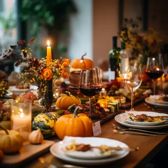 A beautifully set Thanksgiving dinner table with autumn decorations. - Image 1