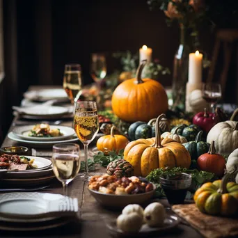 A beautifully set Thanksgiving dinner table with autumn decorations. - Image 2