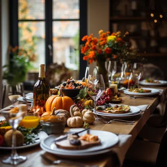 A beautifully set Thanksgiving dinner table with autumn decorations. - Image 3