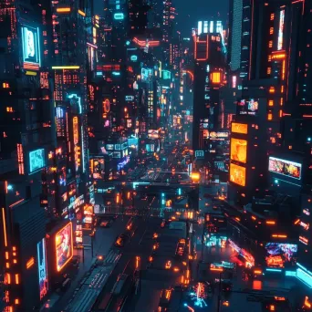 Low poly night cityscape with vibrant neon lights reflecting off buildings - Image 1