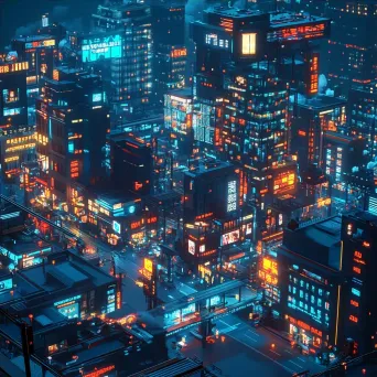 Low poly night cityscape with vibrant neon lights reflecting off buildings - Image 4