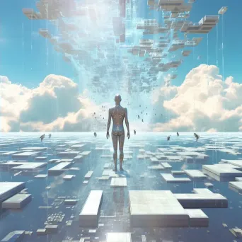 Artwork illustrating the concept of cybernetic reincarnation, with morphing pixel clouds and memory shards represented using personal data - Image 2