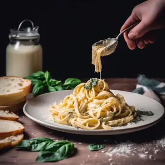 Creamy pasta dish with basil and parmesan, shot on Google Pixel 4 - Image 1