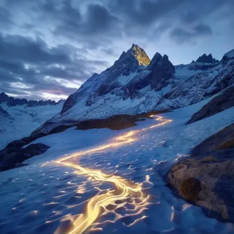 Snowy mountain peak light painting with glowing trails in icy landscape - Image 1