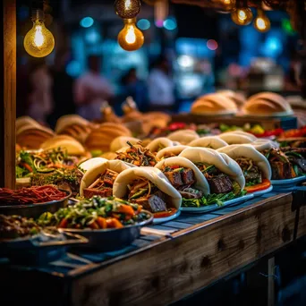 Display of bao buns filled with assorted fillings at a market stall. - Image 1