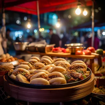 Display of bao buns filled with assorted fillings at a market stall. - Image 2