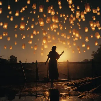 Woman on bridge releasing paper lantern into evening sky - Image 4