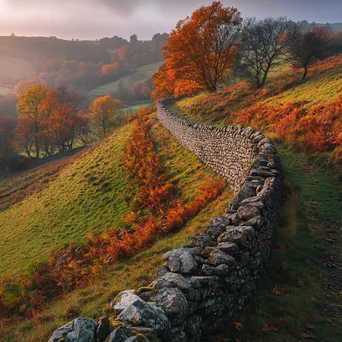 Dry stone wall surrounded by colorful autumn leaves on a hillside. - Image 1