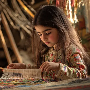 Girl weaving a small carpet with colorful threads. - Image 1