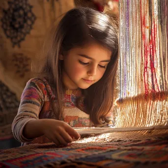 Girl weaving a small carpet with colorful threads. - Image 3