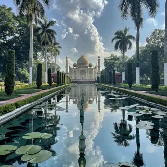 Taj Mahal reflecting in a pool with lush gardens - Image 3