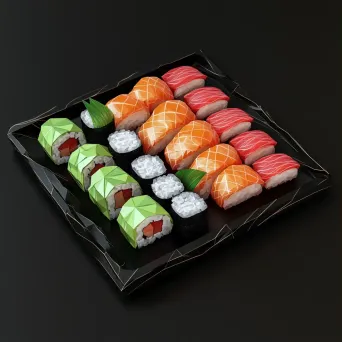 Japanese sushi platter represented in geometric, low poly style with vibrant colors - Image 1