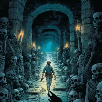 Explorer in an ancient eerie catacomb lit by torchlight - Image 2