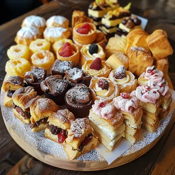 Assorted mini pastries on wooden platter - Image 1