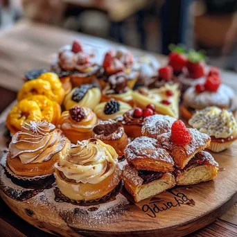 Assorted mini pastries on wooden platter - Image 3