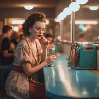 Portrait of a young woman in retro dress at diner counter with milkshake - Image 1