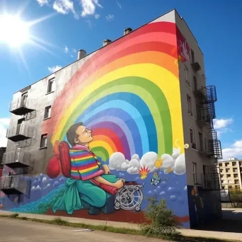 Man in a wheelchair painting a mural on a city wall under the bright sun - Image 1