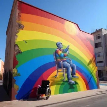 Man in a wheelchair painting a mural on a city wall under the bright sun - Image 3