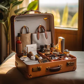 Open suitcase with organized travel items including passport and camera - Image 1