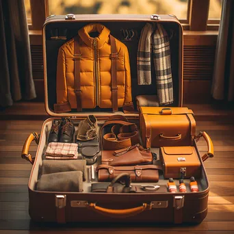 Open suitcase with organized travel items including passport and camera - Image 2