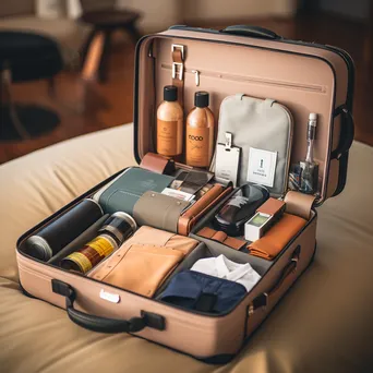 Open suitcase with organized travel items including passport and camera - Image 3