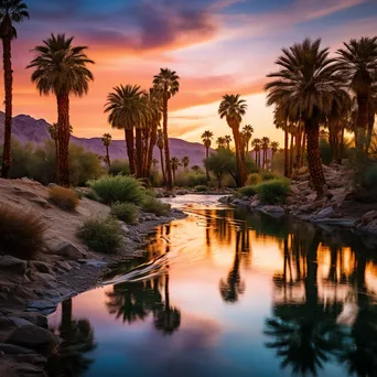 Desert oasis with palm trees and water during sunset - Image 1