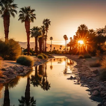 Desert oasis with palm trees and water during sunset - Image 2