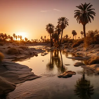 Desert oasis with palm trees and water during sunset - Image 4