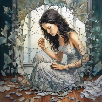 Image of a woman trying to piece together a shattered mirror - Image 1