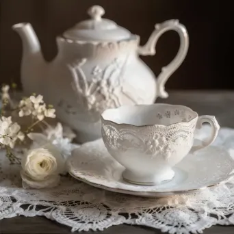 Antique tea set on lace doily - Image 2