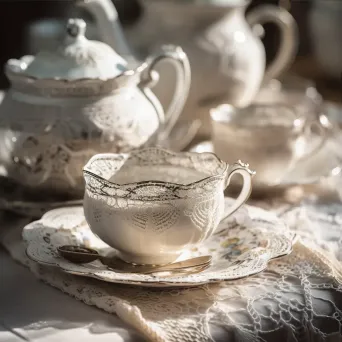 Antique tea set on lace doily - Image 3