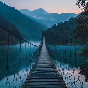 Rope bridge over a serene lake with mountains - Image 1