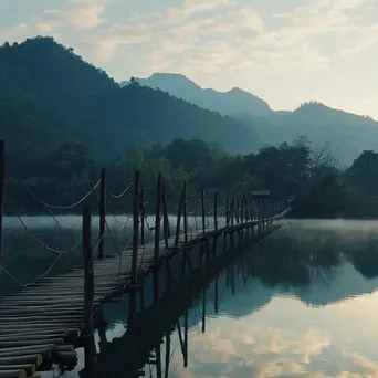 Rope Bridge Over Lake at Dawn