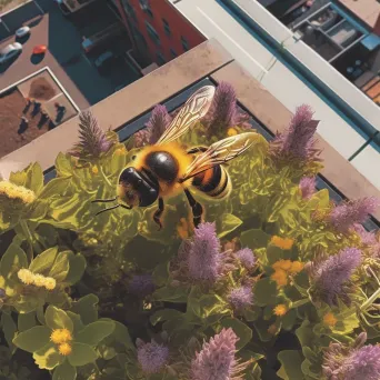 Bee pollinating a flower in an urban rooftop garden - Image 1