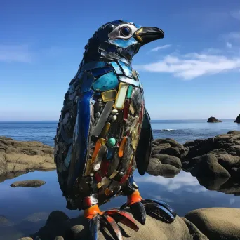 Galapagos penguin on rocky shoreline with deep blue ocean - Image 1