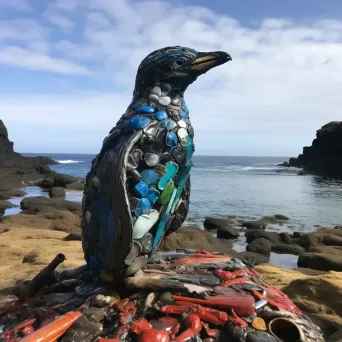 Galapagos penguin on rocky shoreline with deep blue ocean - Image 2