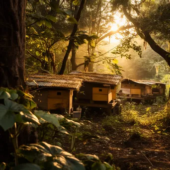 Serene Beekeeping Huts in Lush Foliage