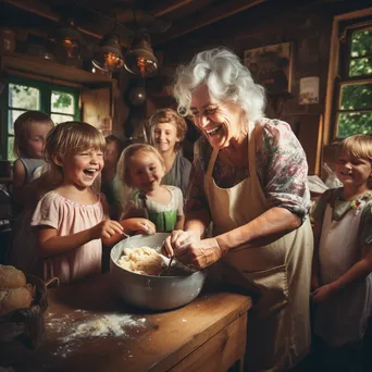 Elderly woman demonstrating butter making to children in a rustic kitchen environment - Image 3