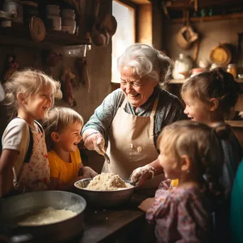 Elderly woman demonstrating butter making to children in a rustic kitchen environment - Image 4