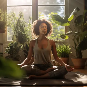 Young woman practicing yoga in a sunlit room with plants - Image 1