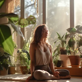 Young woman practicing yoga in a sunlit room with plants - Image 3