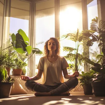 Young woman practicing yoga in a sunlit room with plants - Image 4