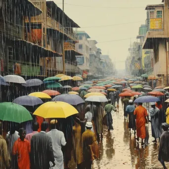 Rain shower over city street with bustling pedestrians - Image 4