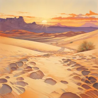 Image of an undulating desert at sunset with towering sand dunes casting long shadows - Image 1