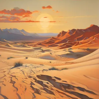 Image of an undulating desert at sunset with towering sand dunes casting long shadows - Image 3