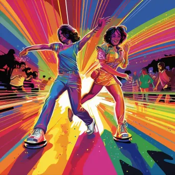 Colorful pop art depiction of a lively 1970s roller disco - Image 3