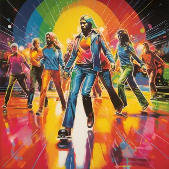 Colorful pop art depiction of a lively 1970s roller disco - Image 4