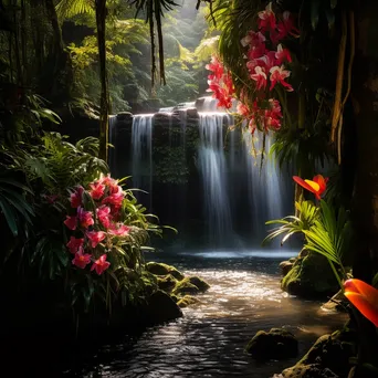 Gently flowing waterfall in lush rainforest with colorful flowers - Image 1